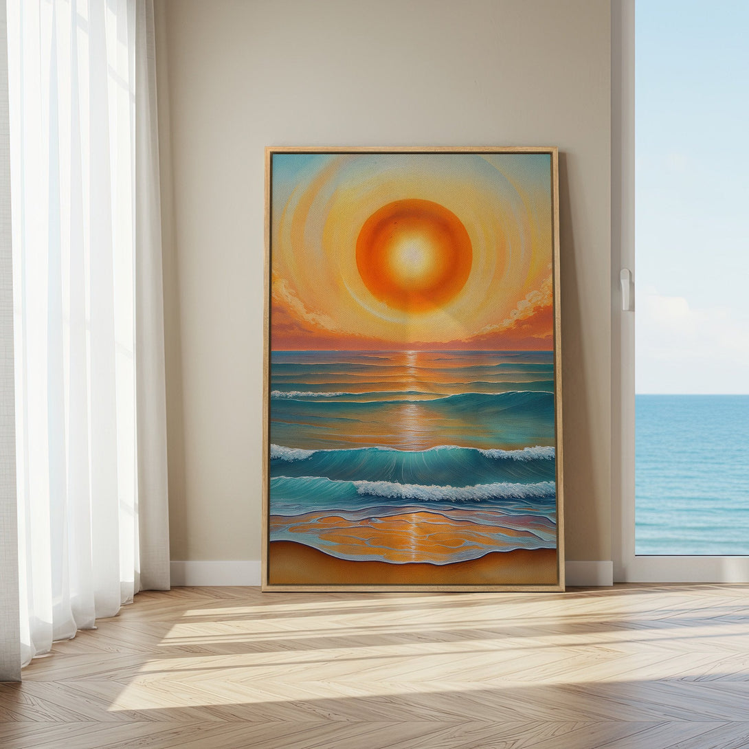 Framed Wall Art: Coastal sunset painting in warm orange and teal hues. Adds a touch of serenity and style to any room. Perfect for a beachy vibe!