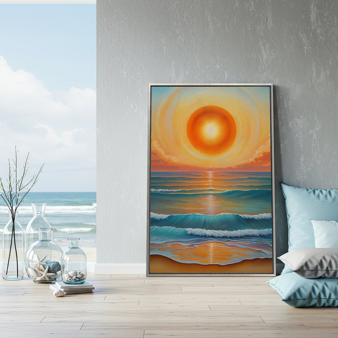 Framed Wall Art: Coastal sunset canvas print in warm orange, blue, and teal tones. Perfect beach house decor, adding a touch of serenity and style to any space.