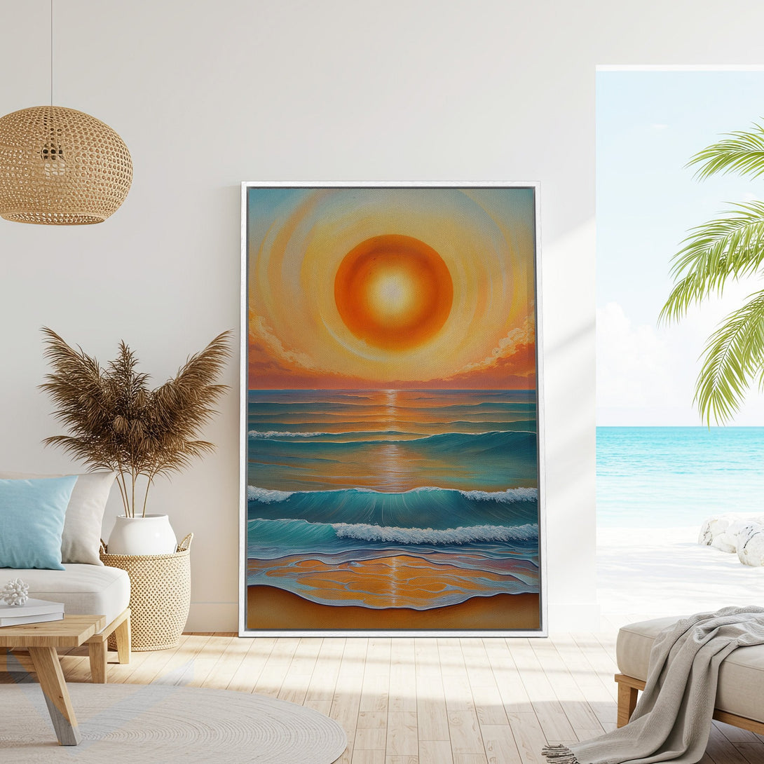 Framed Wall Art: Coastal sunset painting in warm orange & turquoise hues. Perfect for modern decor, this canvas print brings beach vibes to your home.