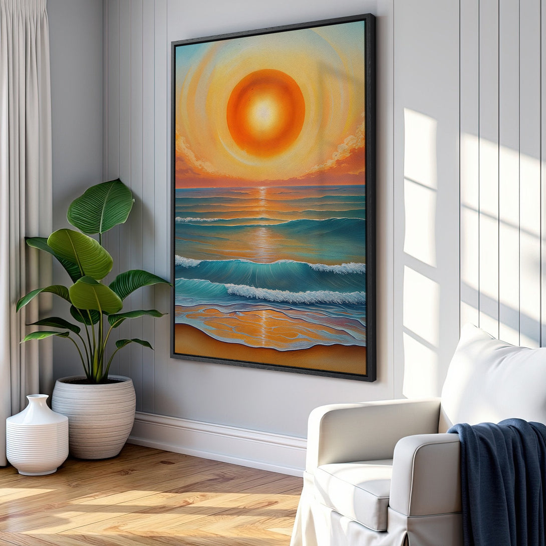 Framed Wall Art: Coastal sunset canvas print with vibrant orange, blue, and teal hues. Perfect for adding a touch of serenity to any living space.