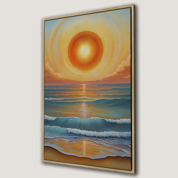 Framed Wall Art: Sunset over ocean canvas print. Coastal landscape art in warm orange, yellow, and blue tones. Bring the beach vibes home!