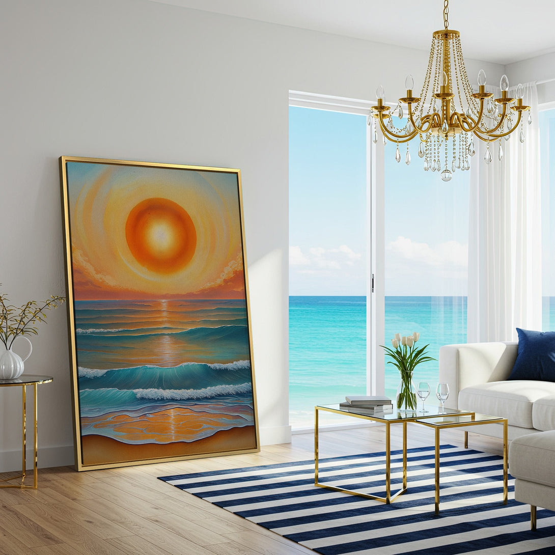 Canvas Print of a sunset over the ocean, warm orange and blue tones, displayed in a modern living room. Coastal wall art for your home.