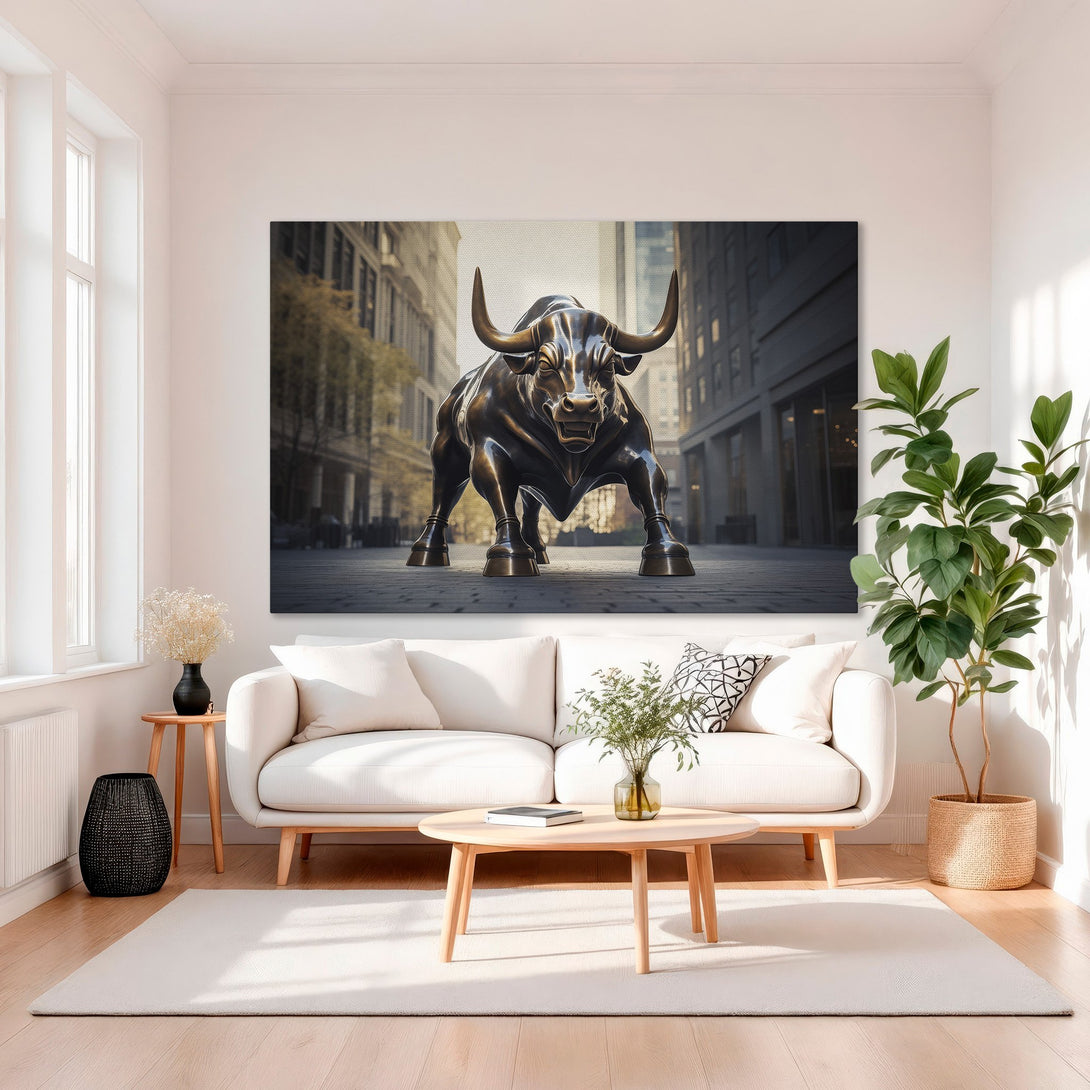 Framed Wall Art: Bronze Charging Bull print with gold frame. Modern decor, warm tones. Perfect for living room or office.