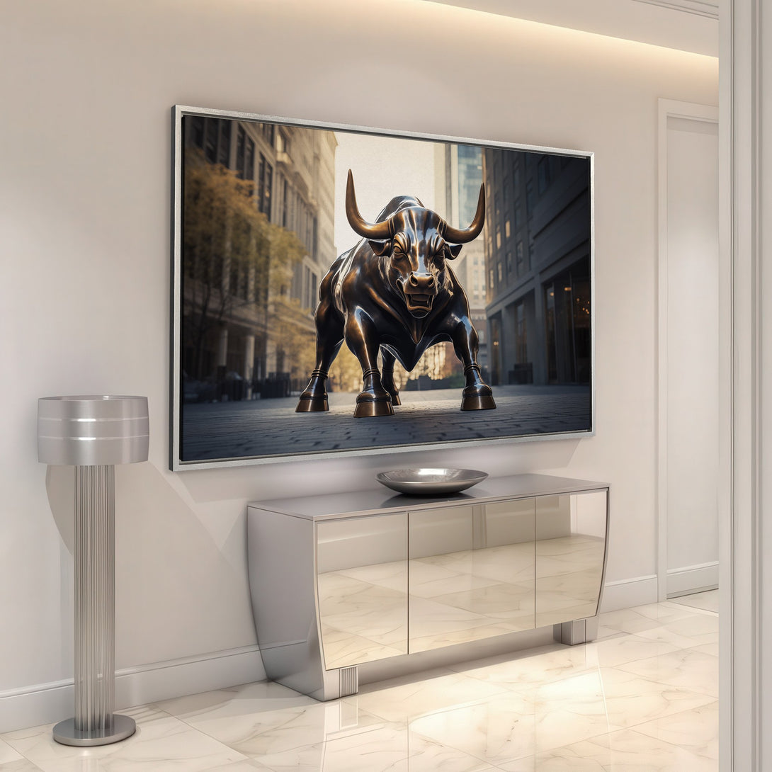 Framed Wall Art: Charging Bull canvas print in modern interior. Bronze tones and city backdrop create a bold statement piece for your home decor.