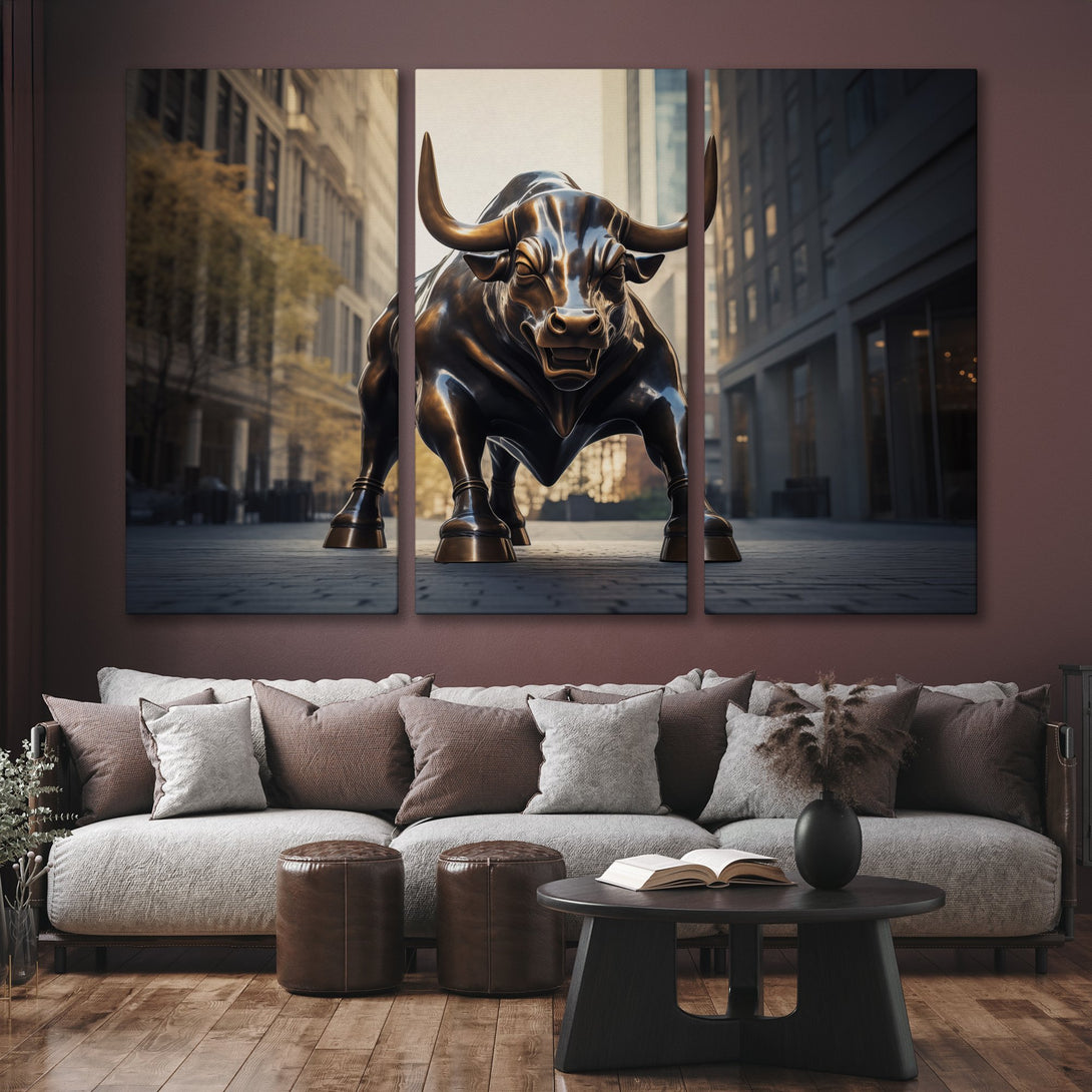 Canvas Print of the iconic Charging Bull statue in bronze tones, displayed in a modern interior. Perfect for adding a touch of Wall Street style.