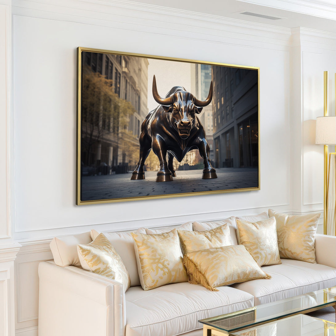 Canvas Print of the Charging Bull statue in a city scene, bronze tones, modern art for home decor.