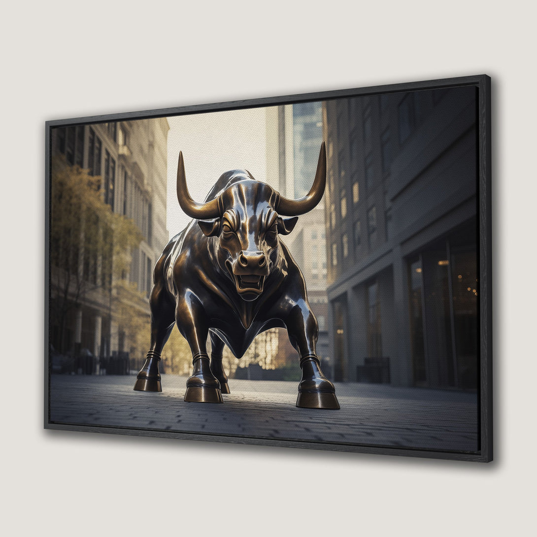 Framed Wall Art: Bronze Charging Bull in NYC. Modern cityscape art with warm bronze and cool grey tones. Elevate your home decor!