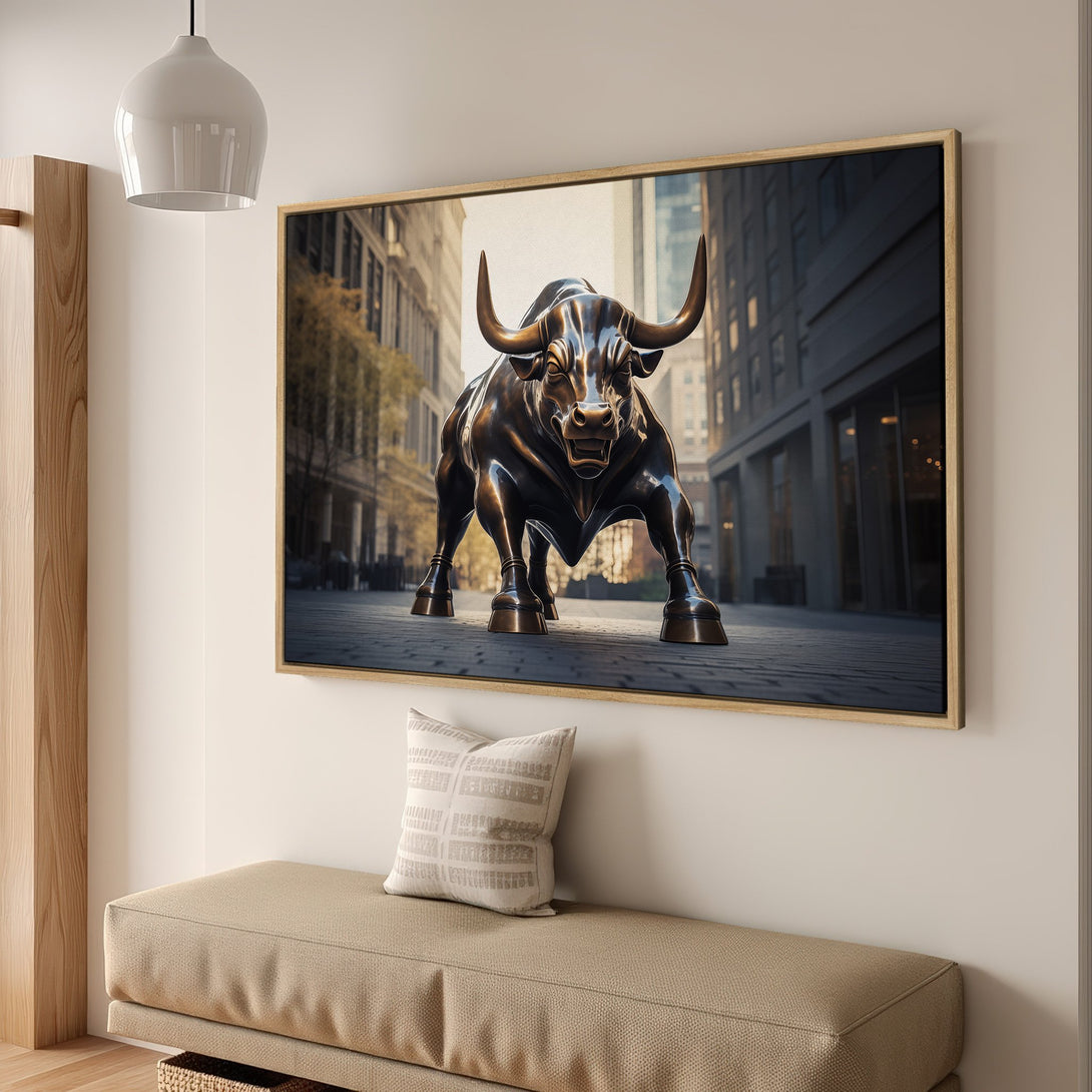 Framed Wall Art: Iconic Charging Bull sculpture in a modern interior. Bronze and black tones, with a neutral beige palette. Perfect for a stylish home.