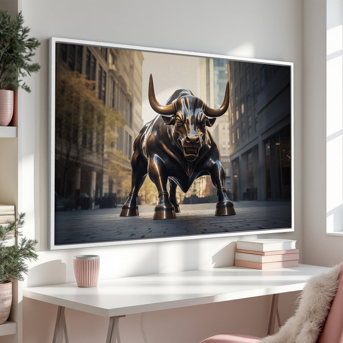 Framed Wall Art: Charging Bull statue canvas print in a modern interior. Bronze tones with a cityscape backdrop. Perfect for home or office decor.