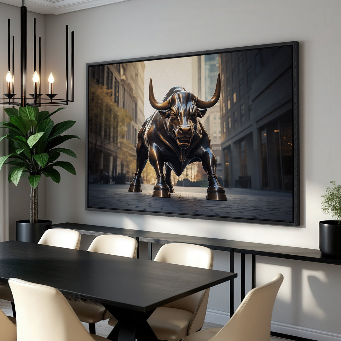Framed Wall Art: Bronze Charging Bull Canvas Print in modern interior. Neutral color palette with a touch of gold. Elevate your space with this iconic artwork.