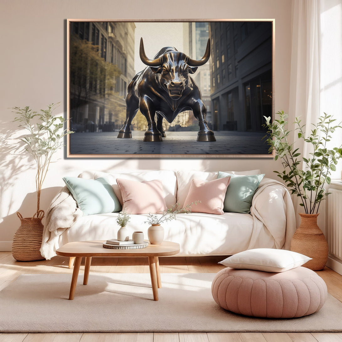 Framed Wall Art featuring the Charging Bull statue in bronze tones, displayed in a modern living room with a neutral and pastel color palette.