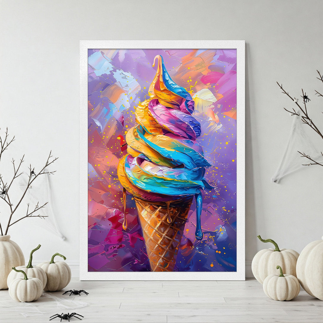 Framed Poster: Colorful ice cream cone art print in vibrant, abstract style with a purple, blue, and yellow palette. Perfect wall decor!