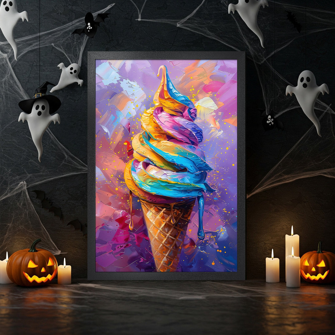 Framed Poster featuring a colorful, abstract ice cream cone. Vibrant pink, blue, and yellow palette, perfect wall art for Halloween.