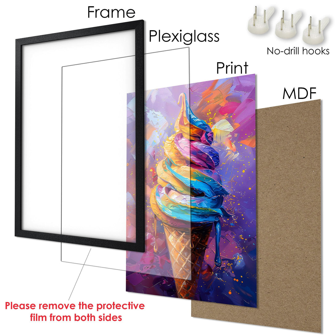 Framed Poster of colorful ice cream cone art. Vibrant, abstract style with a purple, blue, and yellow palette. Perfect wall decor!