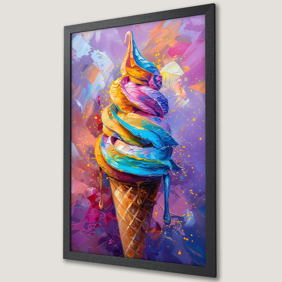 Framed Poster of a colorful ice cream cone, abstract art style, vibrant purple, blue, and orange palette. Perfect wall art!