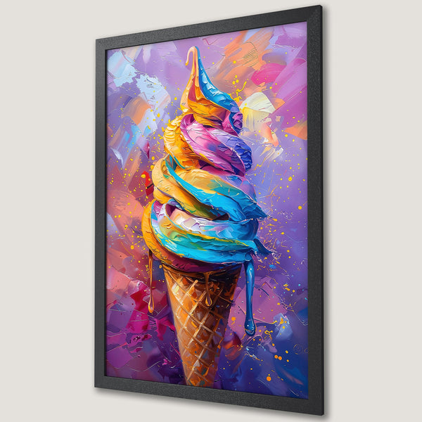 Framed Poster of a colorful ice cream cone, abstract art style, vibrant purple, blue, and orange palette. Perfect wall art!