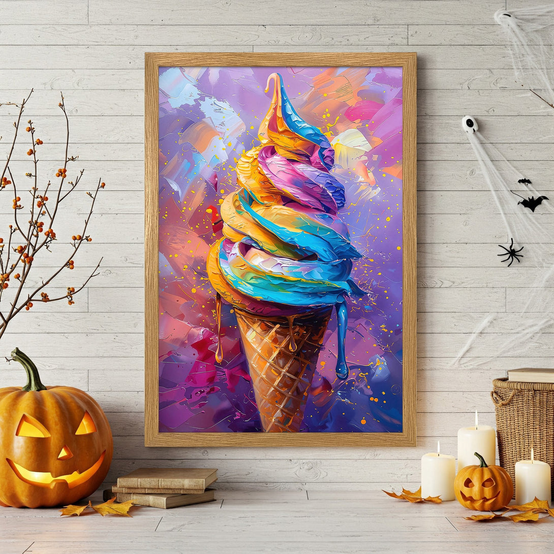 Framed Poster: Colorful ice cream cone art print in vibrant, abstract style with a purple, blue, and orange palette. Perfect wall decor!