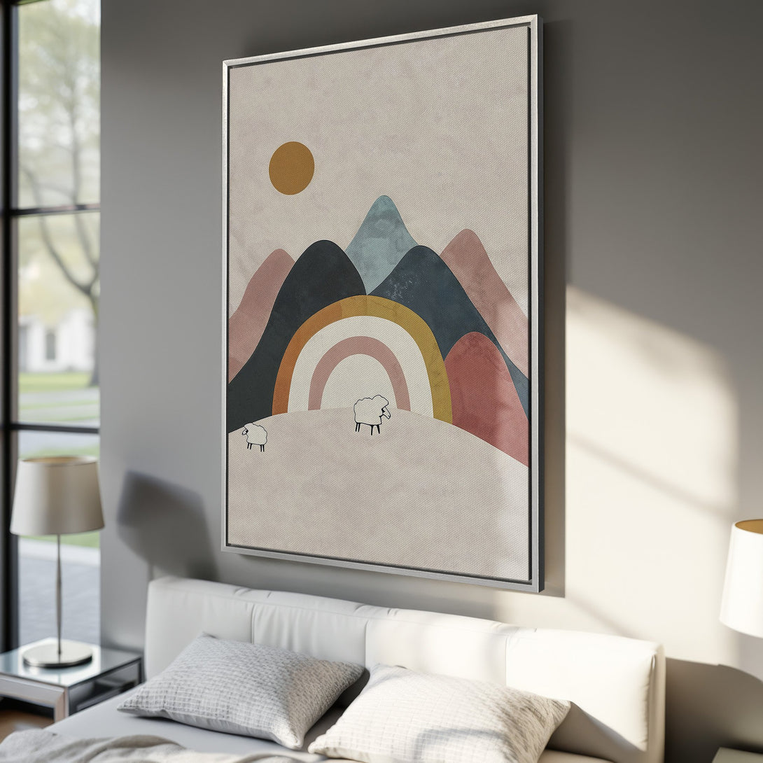 Framed Wall Art featuring a minimalist landscape with mountains, rainbow, and sheep. Soft, earthy color palette. Perfect for modern home decor.
