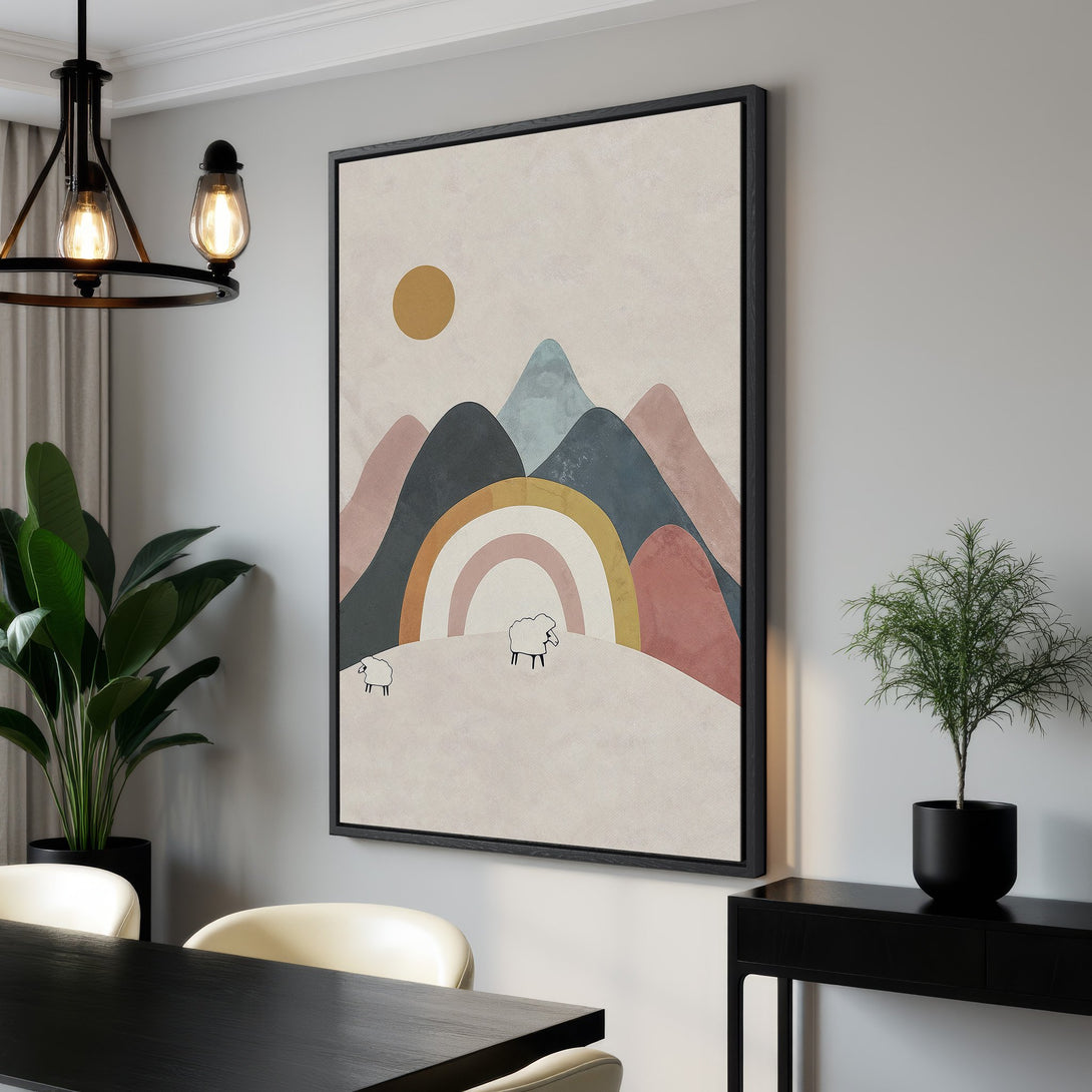 Framed Wall Art: Abstract landscape Canvas Print with mountains, rainbow, and sheep in a minimalist, pastel color palette. Perfect for modern home decor.