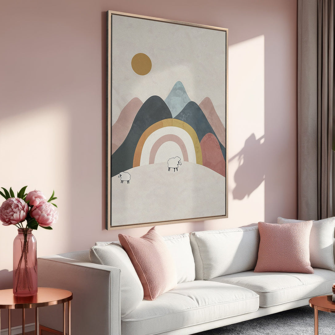 Framed Wall Art: Abstract mountain scene in pastel colors. Modern canvas print adds a touch of boho style to any living room. Shop now!