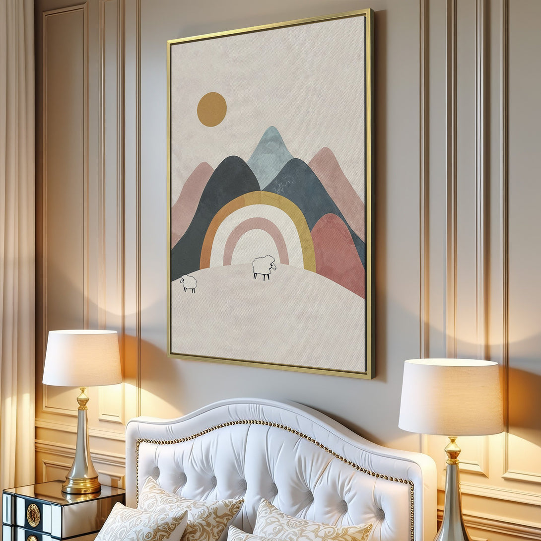 Canvas Print of a whimsical mountain landscape with a rainbow, featuring a soft, pastel color palette. Perfect for adding a touch of boho style to your home.