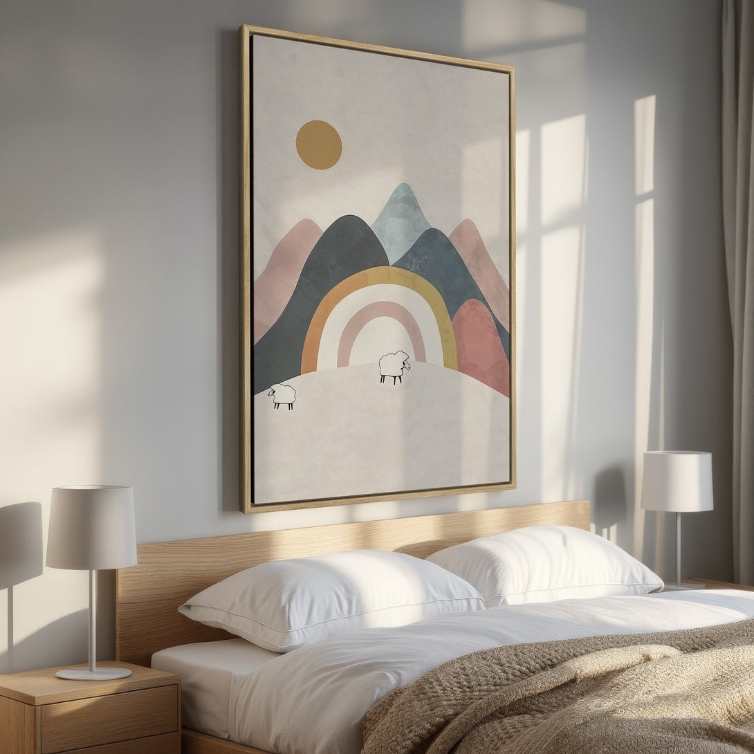 Framed Wall Art: Abstract landscape Canvas Print with mountains, rainbow, and sheep. Pastel color palette complements bedroom decor. Add a touch of whimsy!