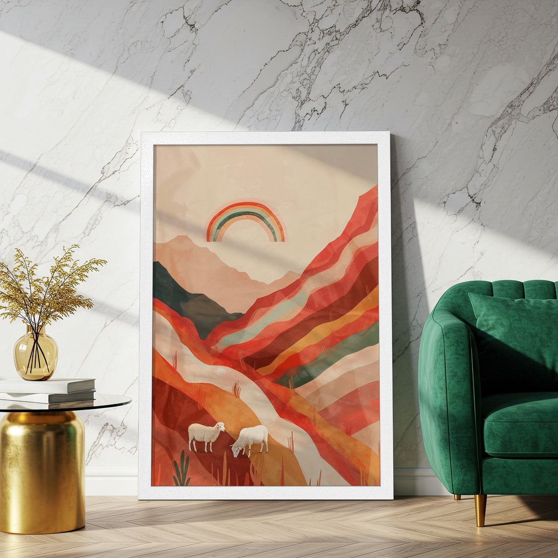 Framed Poster featuring a colorful, abstract landscape with sheep and a rainbow. Warm, earthy tones create a cozy, inviting atmosphere.
