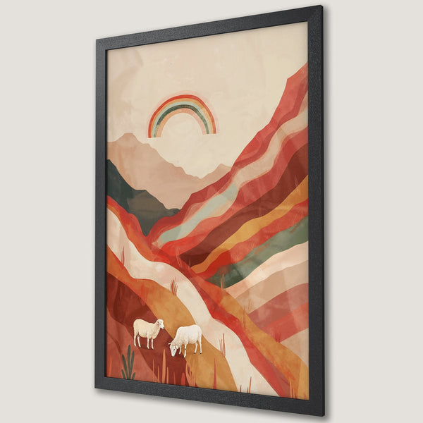 Framed Poster featuring a rainbow over a layered mountain landscape with sheep. Warm, earthy tones and a modern art style.