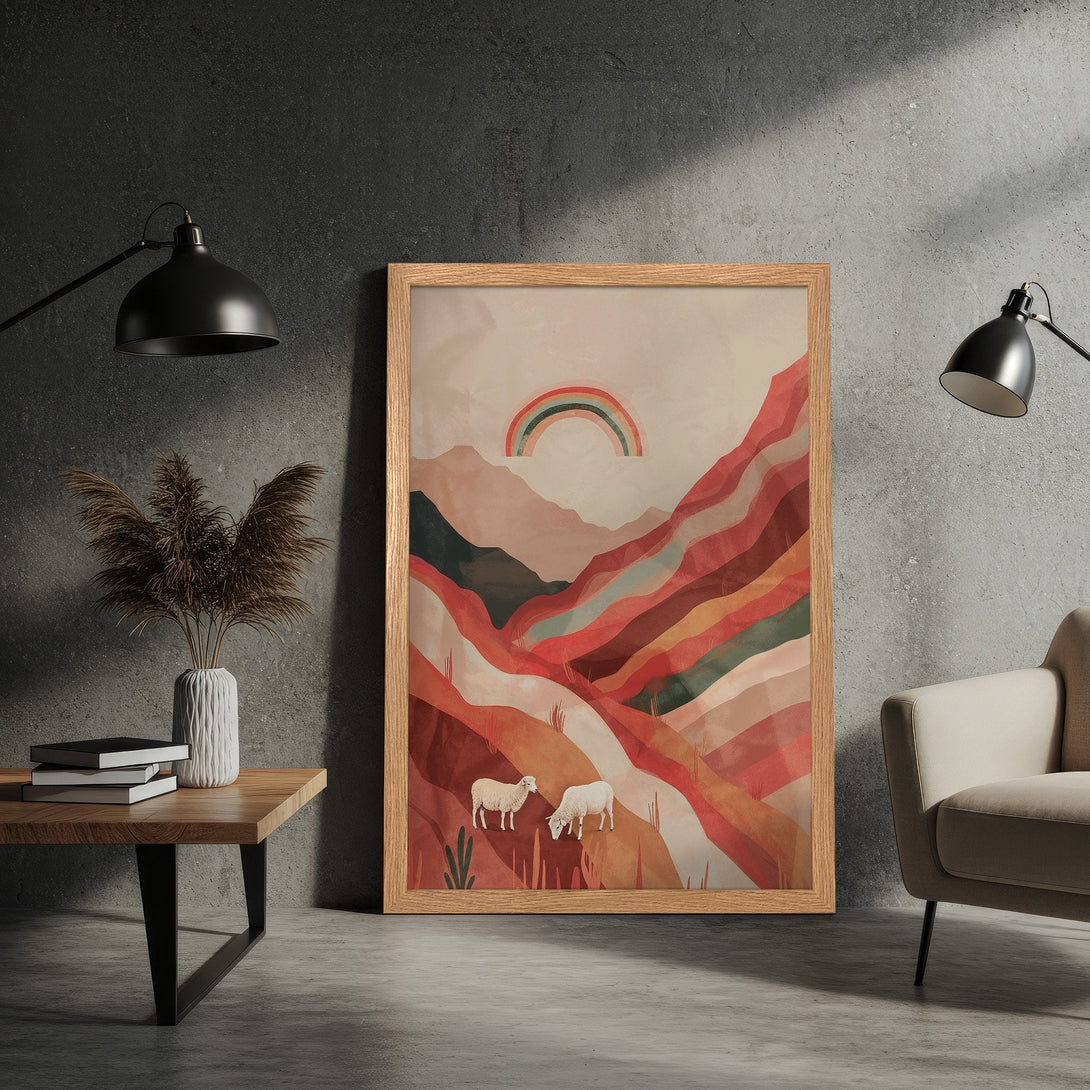 Framed Poster featuring a landscape with sheep, rainbow, and mountains. Earthy tones and a minimalist style for your home decor.