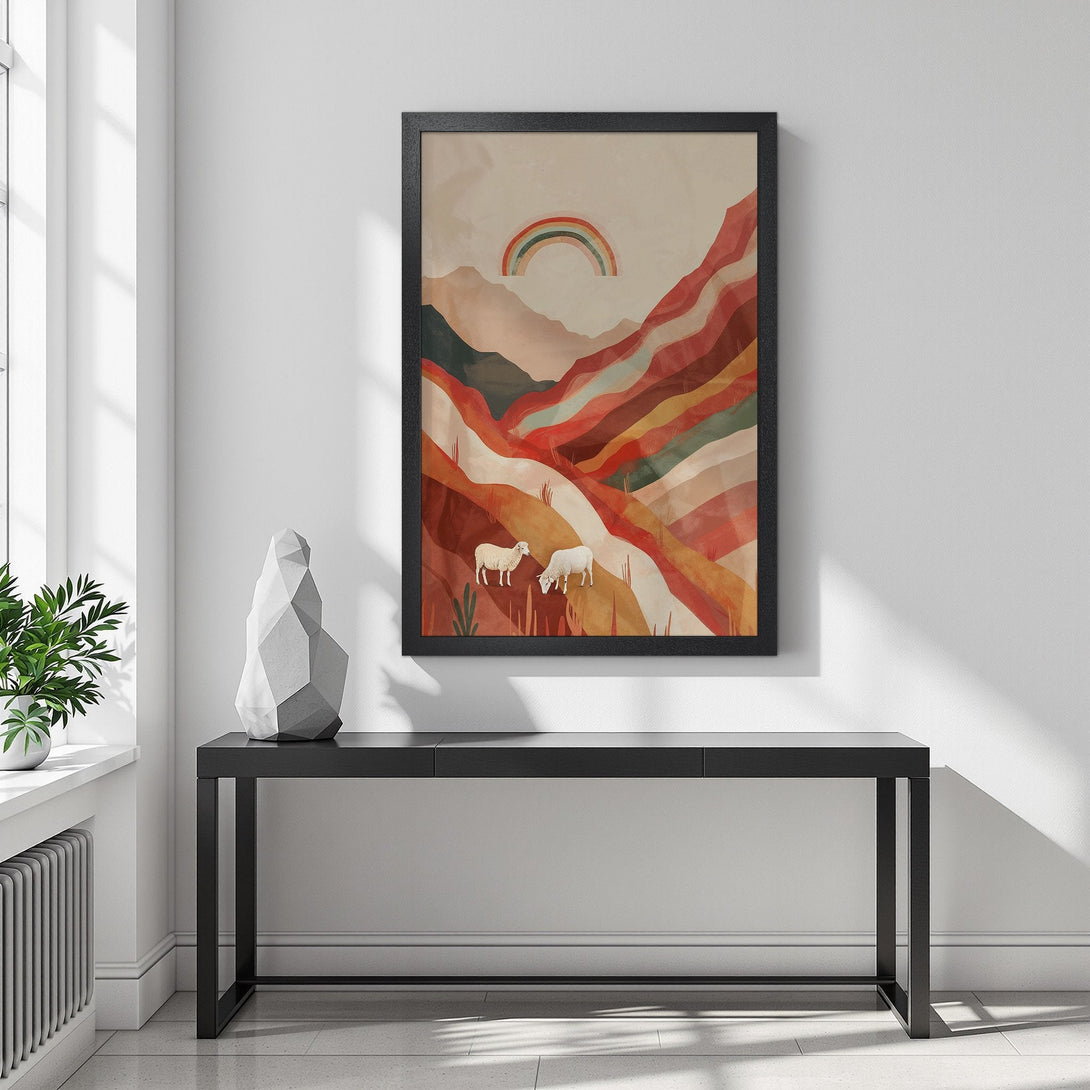 Framed Poster featuring a colorful landscape with a rainbow and sheep, in a warm, earthy color palette. Perfect wall art!
