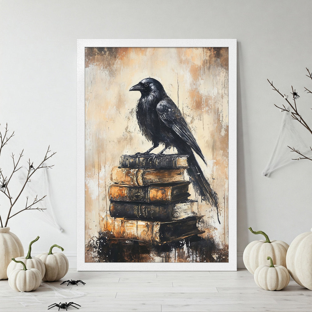 Framed Poster featuring a black raven on books, painted in a dark, moody style with a warm, neutral color palette. Perfect Halloween decor!