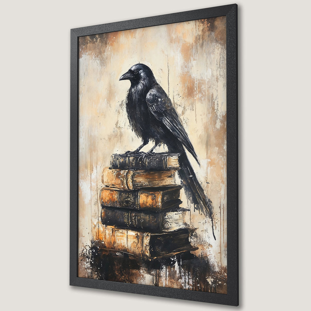 Framed Poster featuring a raven on books, abstract style with a warm, earthy color palette. Perfect for adding a touch of mystery.