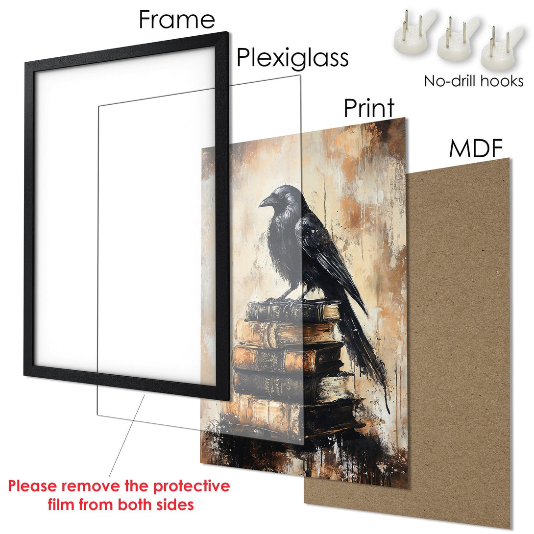 Framed Poster featuring a black raven on books, artistic style, warm brown and black color palette. Ready to hang!
