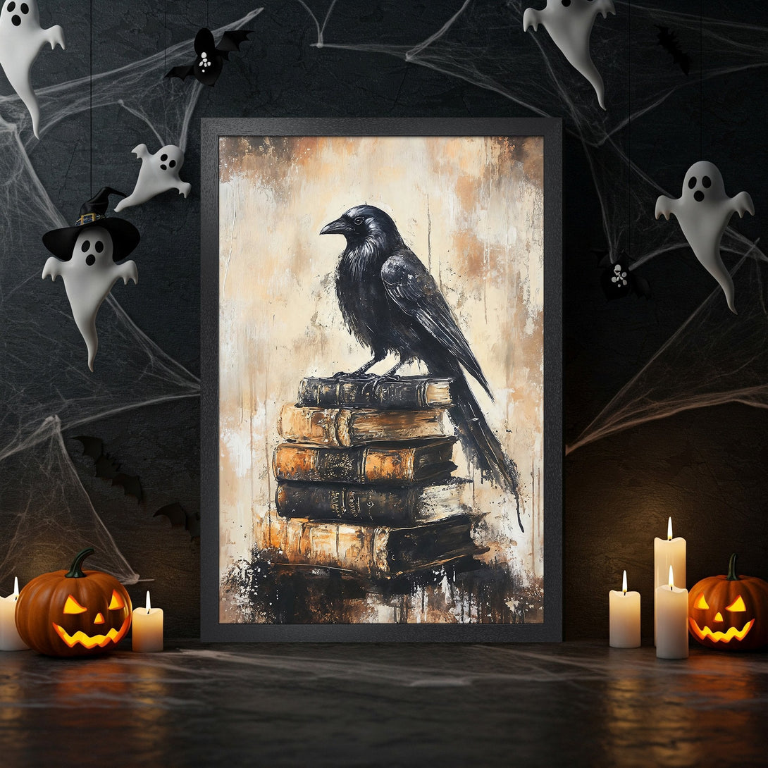 Framed Poster featuring a black crow on books, abstract art style, with a warm, neutral, and black color palette. Perfect Halloween decor.