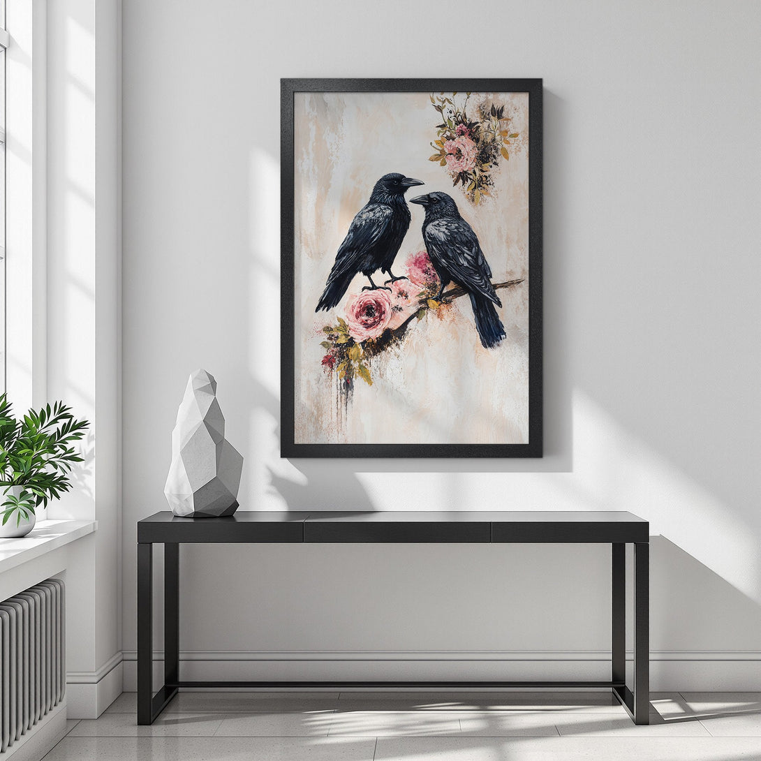 Framed Poster featuring two black crows on a floral branch, with a neutral and blush color palette. Perfect for home decor!