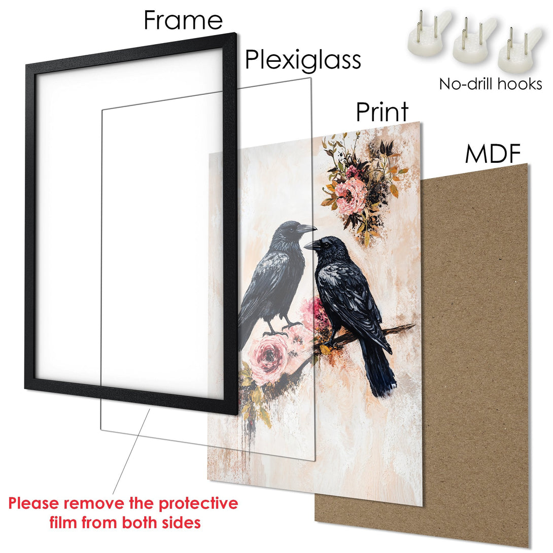 Framed Poster featuring elegant black crows and floral accents in a soft, neutral color palette. Perfect art for your home!