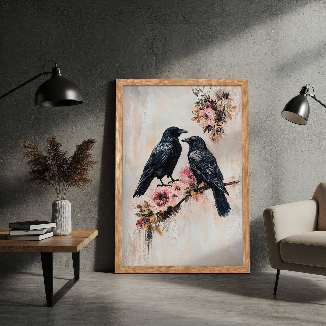 Framed Poster featuring two black crows on a branch with pink flowers, painted in a soft, artistic style with a neutral color palette.