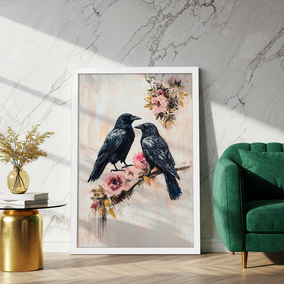 Framed Poster featuring two black crows on a branch with pink flowers, soft color palette, perfect for home decor. Buy yours today!