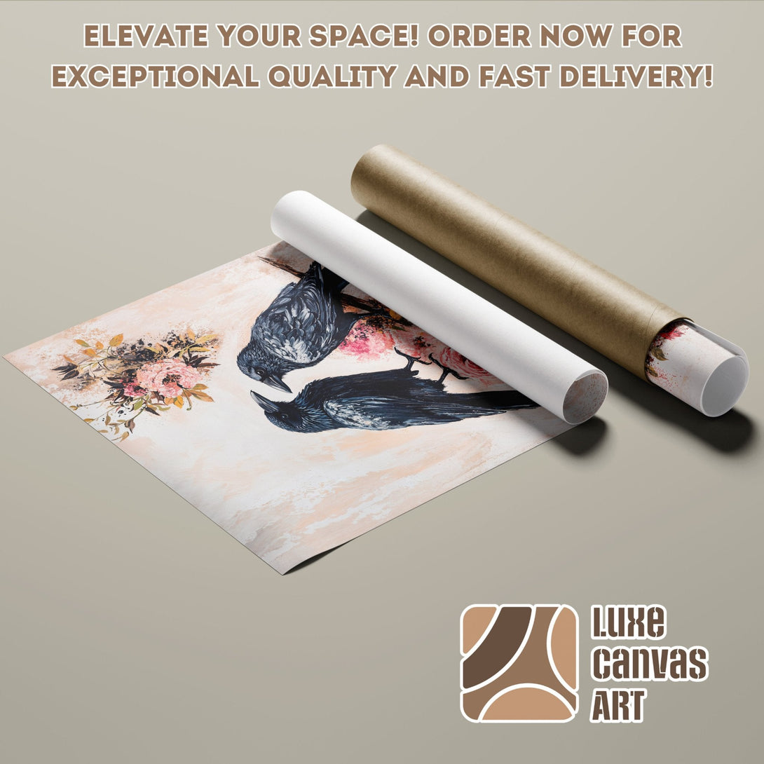 Poster Roll featuring a floral and crow design in a neutral color palette. Order your art today!