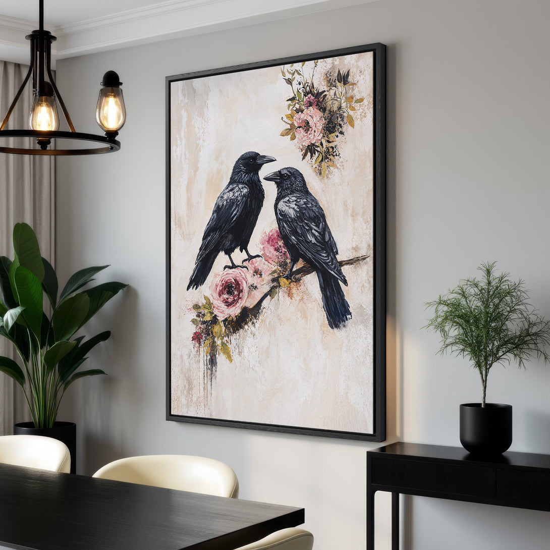 Framed Wall Art featuring two black crows on a branch with pink flowers. Neutral beige and black color palette. Perfect for modern home decor.