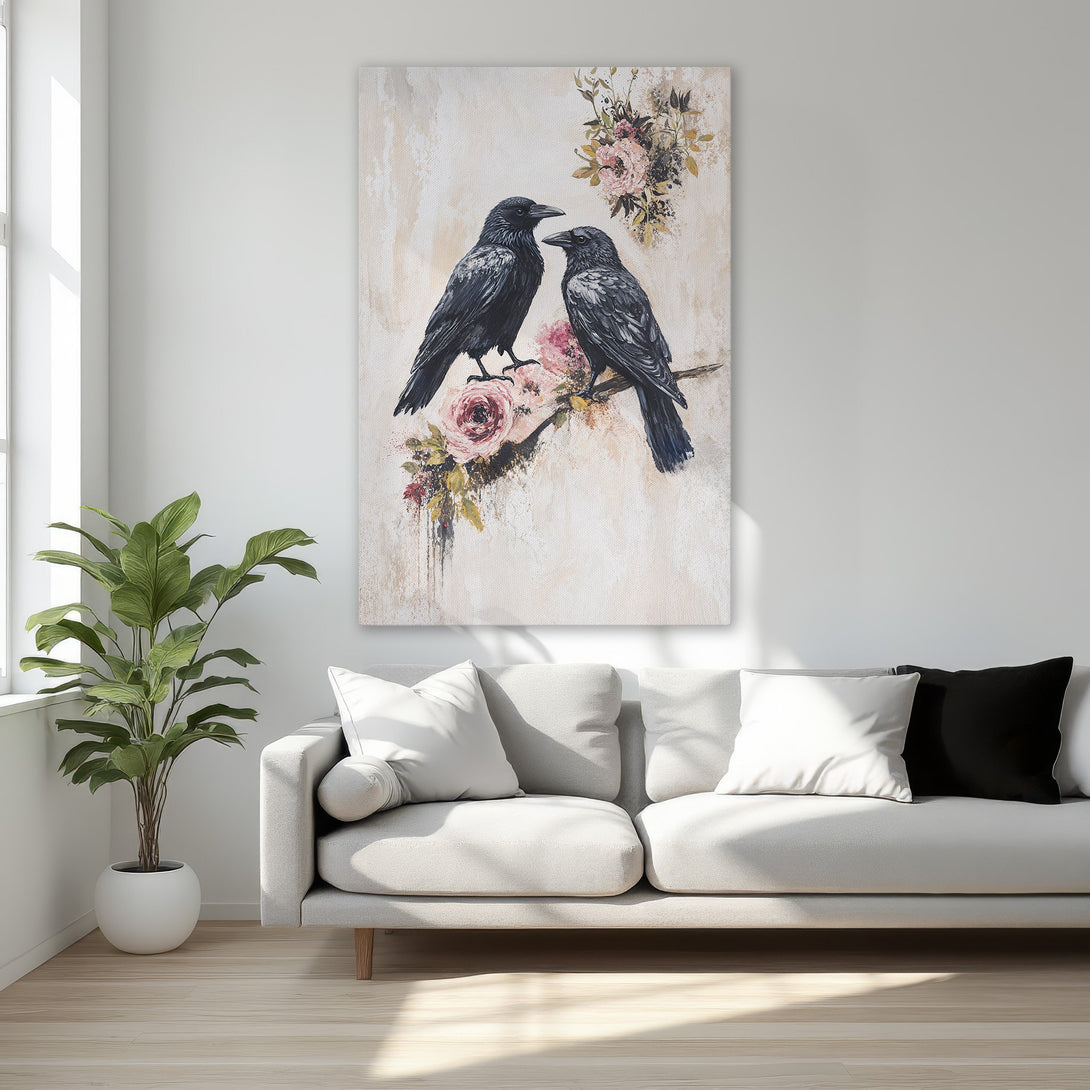 Framed Wall Art featuring two black crows on a floral branch. Elegant, painterly style with a neutral and blush color palette. Perfect for bedroom decor.