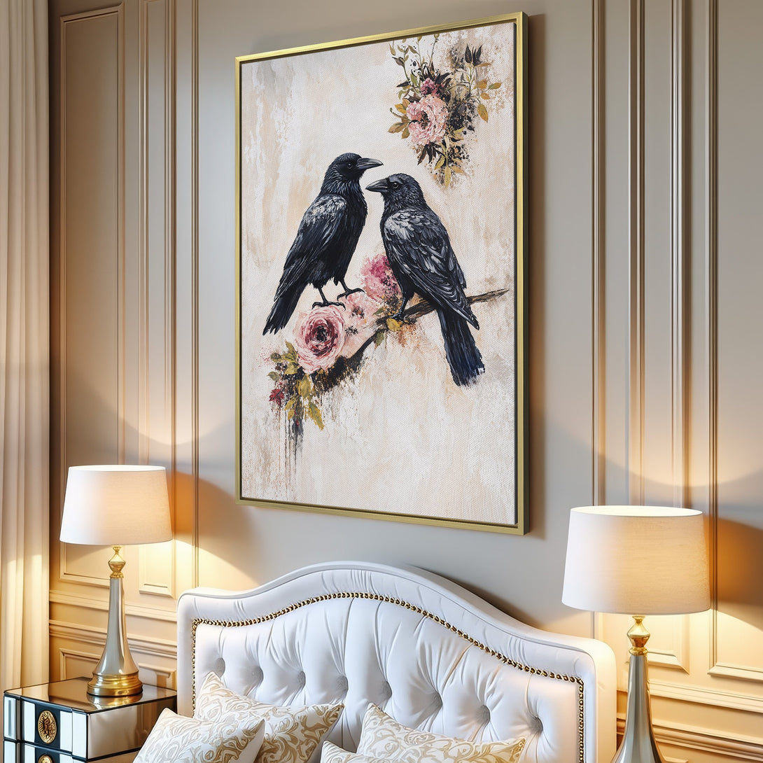 Canvas Print featuring two black crows on a branch with pink flowers, neutral tones. Modern wall art perfect for living room decor.