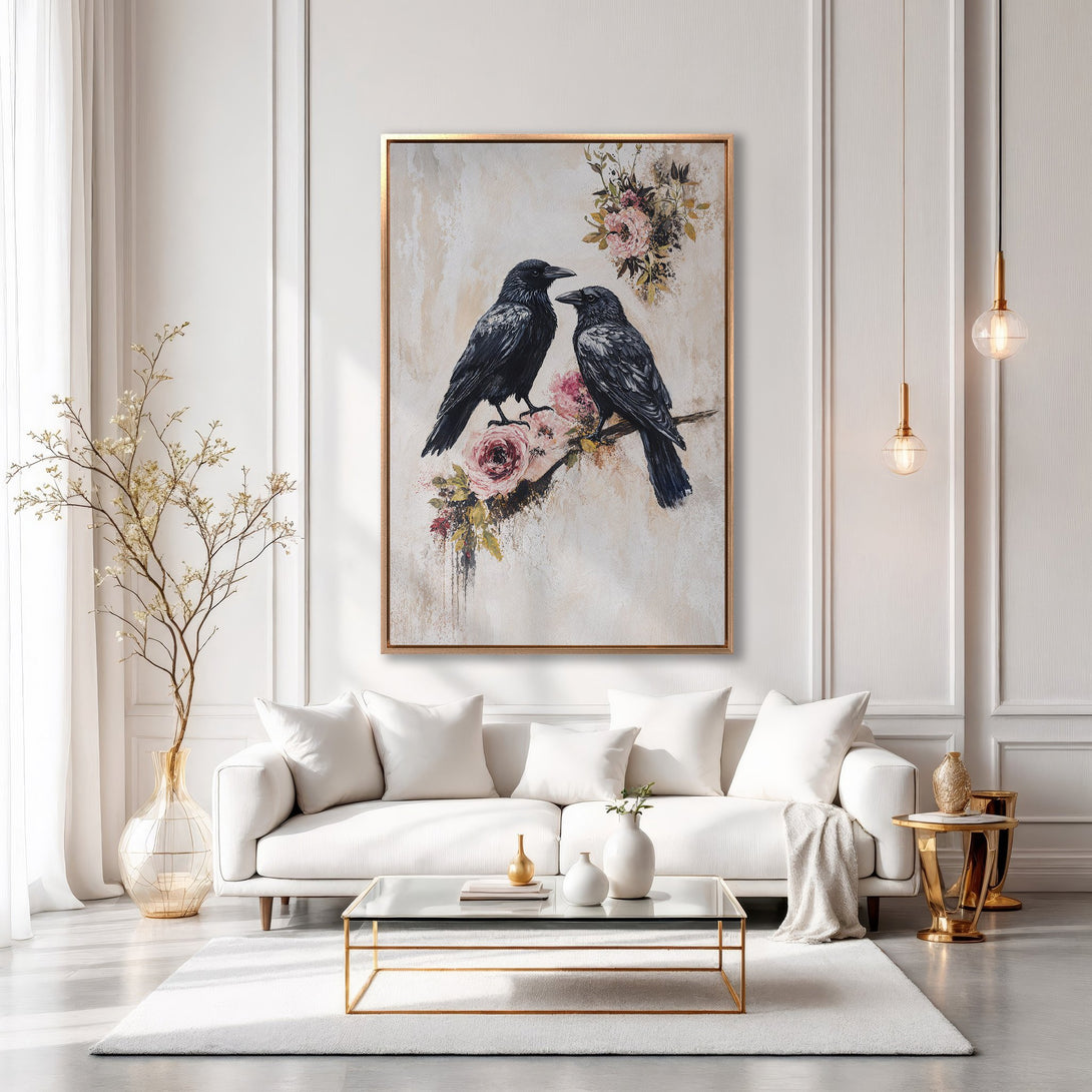 Framed Wall Art: Elegant painting of two black ravens on a branch with pink flowers, in a modern living room. Neutral color palette.
