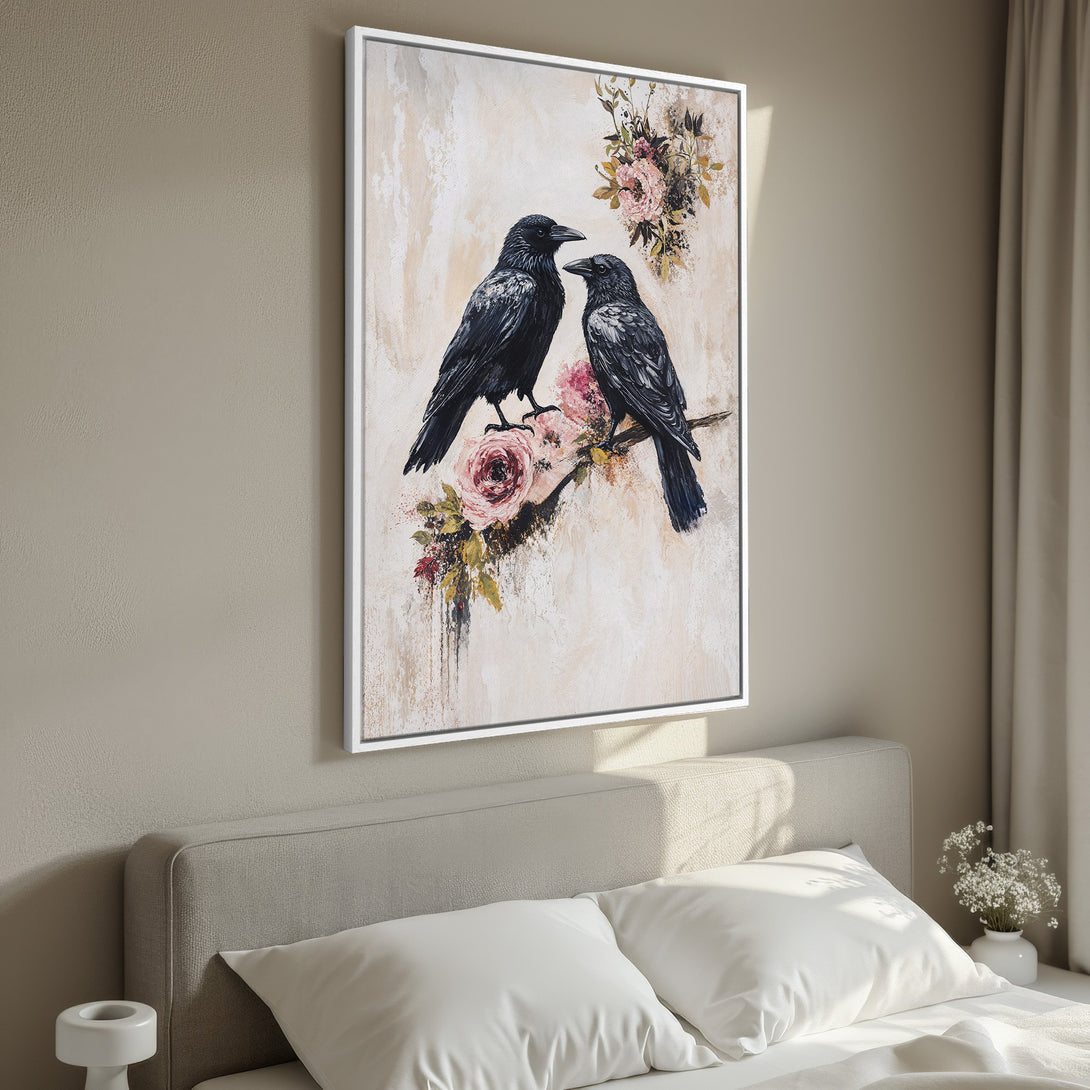 Framed Wall Art featuring two black crows on a floral branch, painted in a romantic style with a neutral and blush color palette. Perfect bedroom decor.