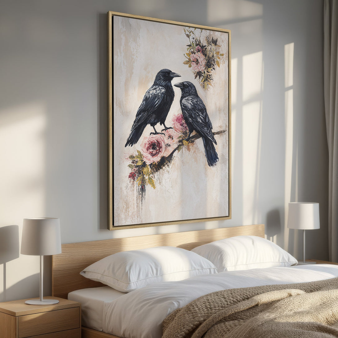 Framed Wall Art featuring two black crows on a floral branch. Neutral color palette with pops of pink, perfect for bedroom decor.