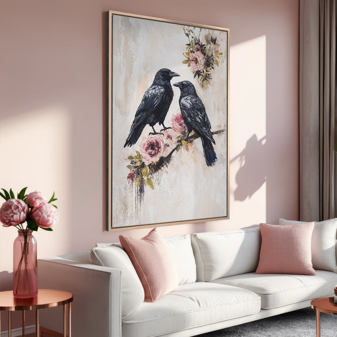 Framed Wall Art featuring two black crows on a branch with pink flowers. Modern art with a neutral and pink color palette, perfect for home decor.
