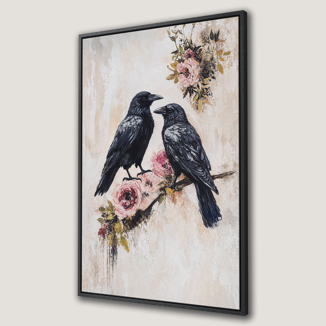 Framed Wall Art: Elegant Canvas Print featuring two black ravens perched on a branch with pink floral accents. Neutral beige background, perfect for modern decor.