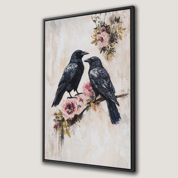 Framed Wall Art: Elegant Canvas Print featuring two black ravens perched on a branch with pink floral accents. Neutral beige background, perfect for modern decor.