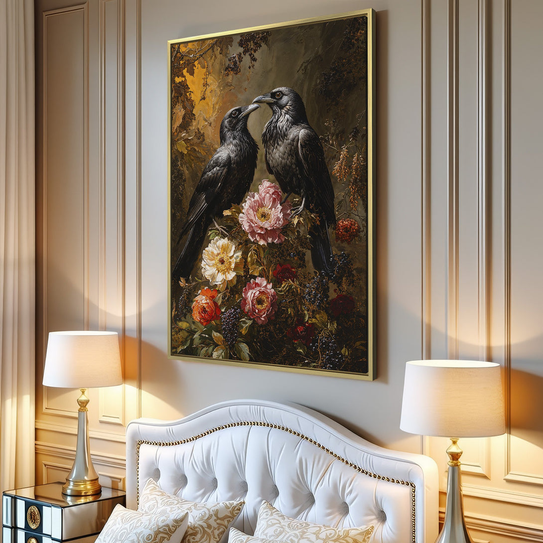 Canvas Print featuring two ravens with flowers, a romantic, vintage style. Earthy tones with pops of pink, orange, and red. Perfect for any home decor.