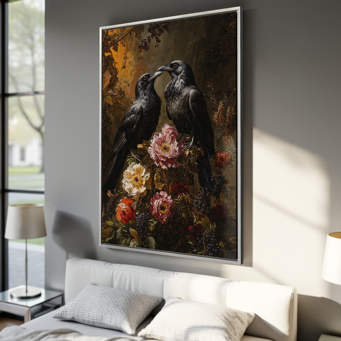 Framed Wall Art: Romantic painting of two black ravens with flowers, in a dark, moody color palette. Perfect for adding elegance to your home.